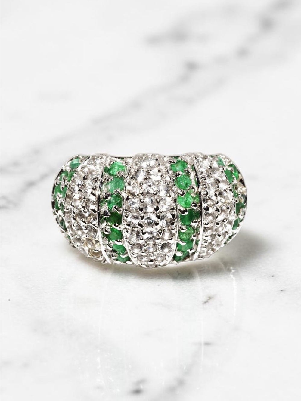 Solid 925 Sterling Silver Natural Emerald White Topaz Dome Cluster Ring Sz 6.5